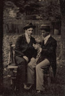 Two Men Seated on a Bench, One with His Hand on the Leg of the Other, 1870s-80s. Creator: Unknown.