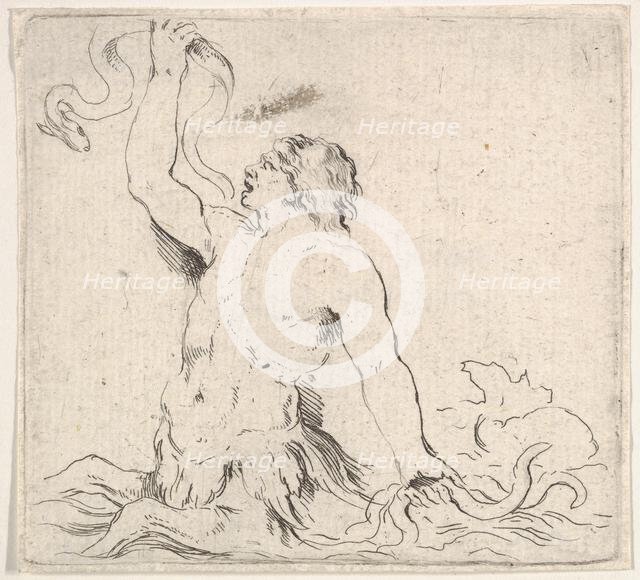 Plate 7: a triton in the water, facing left, holding up an eel in his right hand and t..., ca. 1646. Creator: Stefano della Bella.