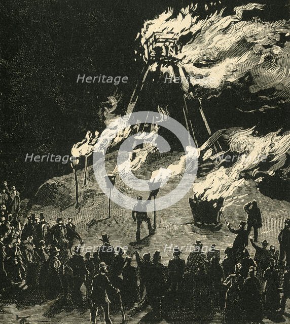 'Lighting The Signal Beacon At Malvern', c1897. Creator: Unknown.
