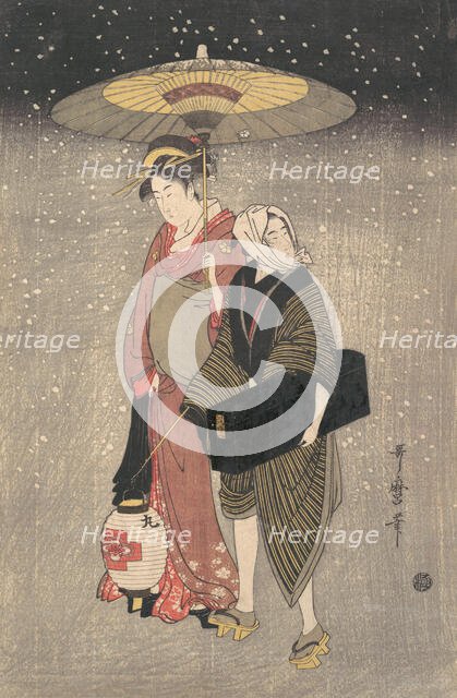 Geisha Walking through the Snow at Night, ca. 1797. Creator: Kitagawa Utamaro.