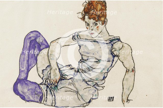 Seated woman in violet stockings, 1917.