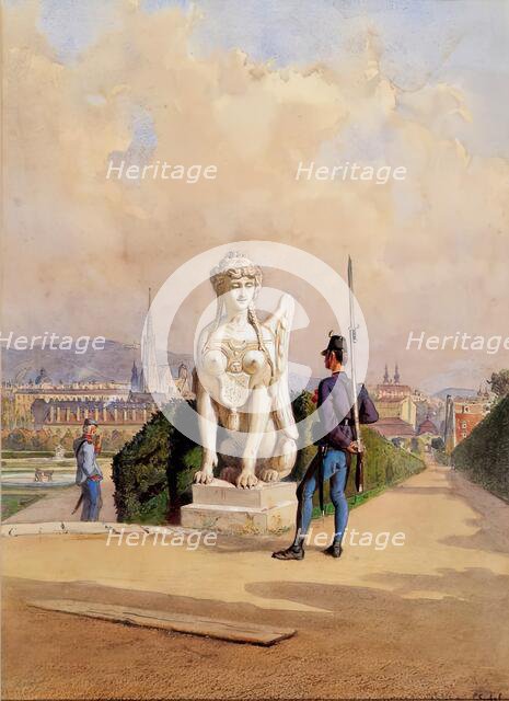 Kurzweil on guard duty in the garden of Belvedere Palace in Vienna, 1867/1880. Creator: Carl Goebel.