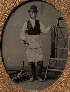 Carpenter with Ladder, Hammer, Level, and Toolbox, 1860s-70s. Creator: Unknown.