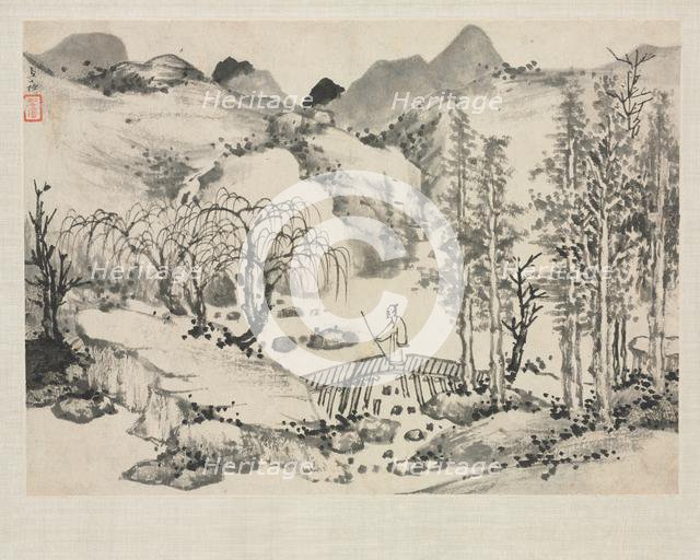 Landscape Album in Various Styles: Landscape with Artist on a Bridge, 1684. Creator: Zha Shibiao (Chinese, 1615-1698).