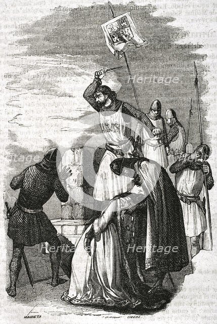 Alonso Pérez de Guzmán throwing his dagger during the siege of Tarifa, 1296, (1852).  Creator: Ildefonso Cibera.