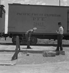 Inspecting a freight train from Mexico for smuggled immigrants, El Paso, Texas, 1938. Creator: Dorothea Lange.