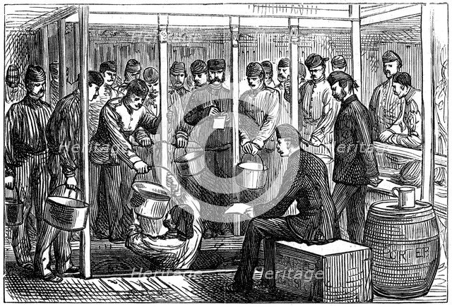 Serving out porter on a troop-ship, 1878. Artist: Unknown