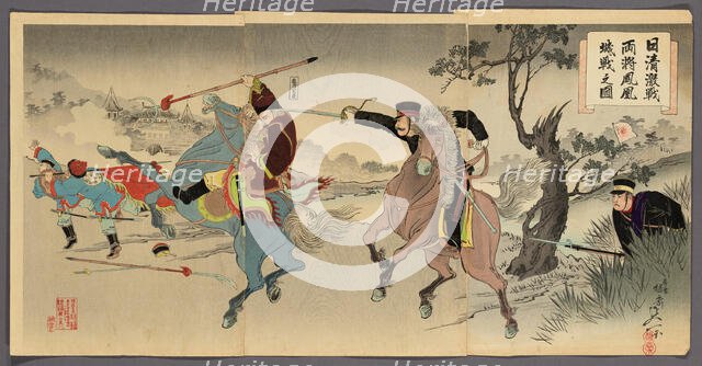 Sino-Japanese War: Two Generals at the Battle of Fenghuangcheng (Nisshin gekisen ryosho..., 1894. Creator: Yosai Nobukazu.