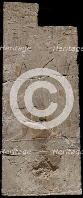 Fragment of a Tomb Wall Depicting Ibdu and his Wife with Offering Bearers, Egypt, Old Kingdom... Creator: Unknown.