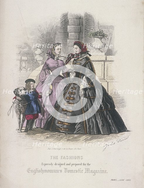 Two women and a child with a dog wearing the latest fashions, 1860. Artist: Anon