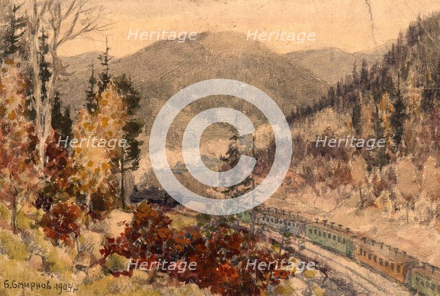 Locomotive in the Ural Mountains near Zlatoust, 1904. Creator: Boris Vasilievich Smirnov.