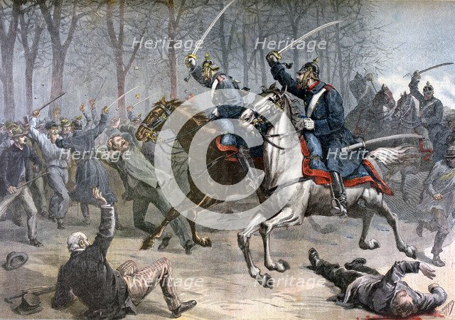 Cavalry charge, German riots in Leipzig, 1892.  Artist: Henri Meyer