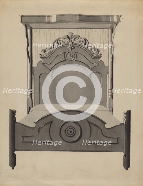 Half-canopy Carved Bed, c. 1936. Creator: Dorothy Posten.