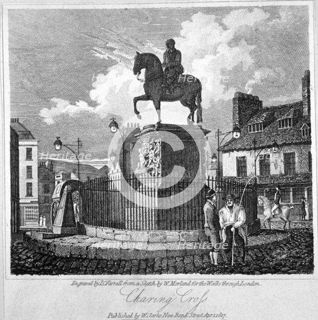 View of Charing Cross, showing the statue of King Charles I, Westminster, London, 1817.      Artist: JC Varrall