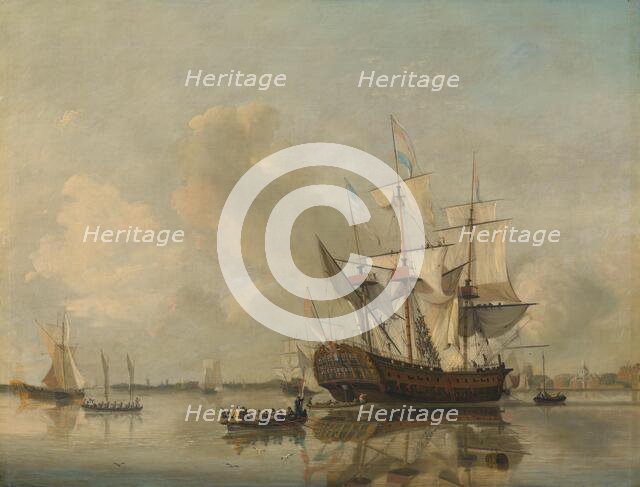 The Navy's Frigate 'Rotterdam' on the Maas off Rotterdam, 1807. Creator: Nicolaus Baur.