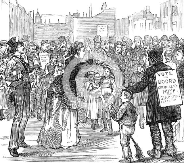 Metropolitan Boroughs election sketches: Woman's Rights, 1874. Creator: Unknown.