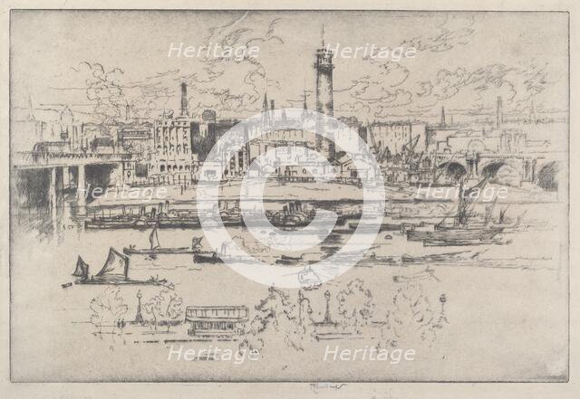 Shot Tower between the Bridges, 1910. Creator: Joseph Pennell.