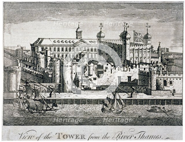 South view of the Tower of London with boats on the River Thames, 1776. Artist: Anon