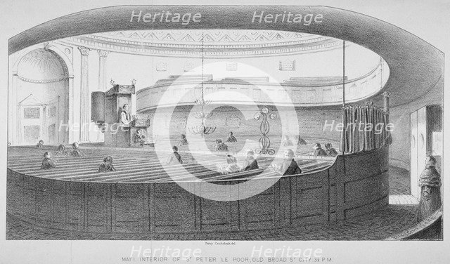 Interior of the Church of St Peter-le-Poer during a service, City of London, 1830. Artist: Anon