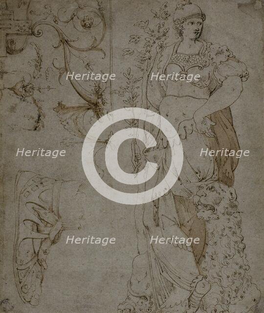 Three Sketches: Fortitude, a Sandal, and Grotesques (recto); Sketches of Grotesques..., 1560/69. Creator: Unknown.