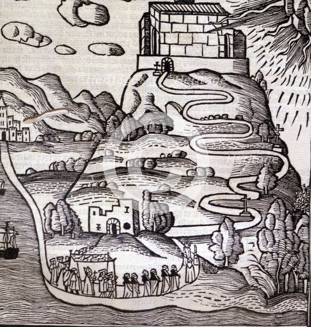 Engraving of the ascension of a procession to Mount Randa in Majorca, in the work 'Ars Inventiva …