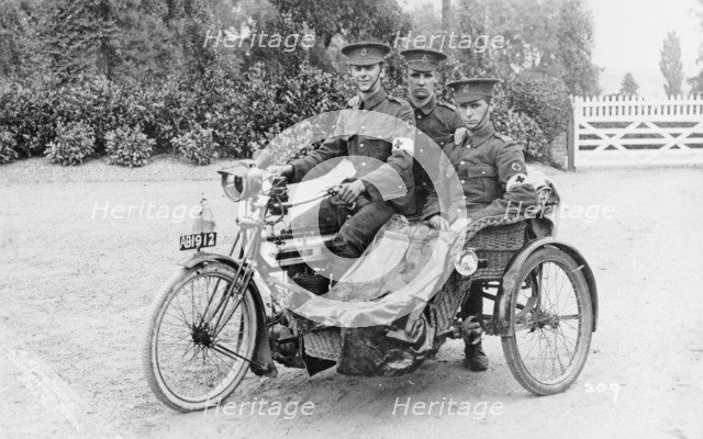 Three soldiers on a bicycle and sidecar, (WWI?). Artist: Unknown