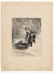 Boy kneels down to dog in a basket, 1870-1937 Creator: Willem Wenckebach.