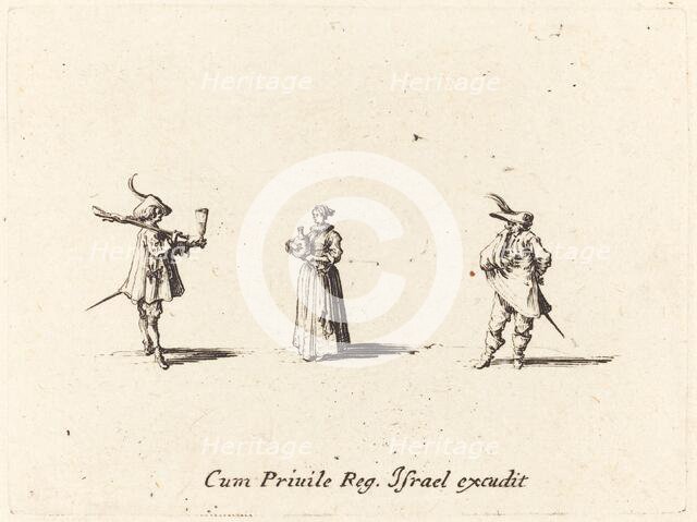 Lady with Wine Bottle, and Two Gentlemen, probably 1634. Creator: Jacques Callot.