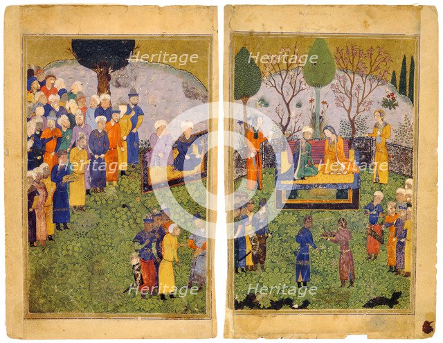 A Princely Couple with Courtiers in a Garden. From the Shahnama (Book of Kings). Artist: Iranian master  