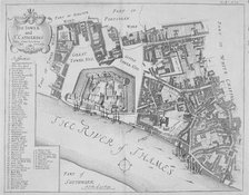 Map of the area around the Tower of London and St Katharine by the Tower, Stepney, London, 1720.     Artist: Anon