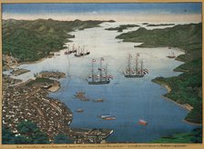 The island of Deshima in the bay of Nagasaki with the ships Vasco da Gama and Johanna..., ca 1825. Creator: Kawahara, Keiga (1786-after 1860).