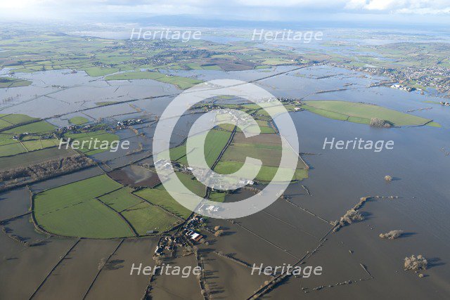 Aerial view of flooding around Muchelney Abbey, Somerset Levels, January, 2014. Artist: Damian Grady.