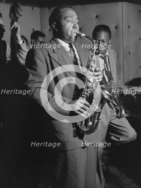 Portrait of Charlie Parker, Tommy Potter, Miles Davis, and Max Roach, Three Deuces, N.Y., 1947. Creator: William Paul Gottlieb.