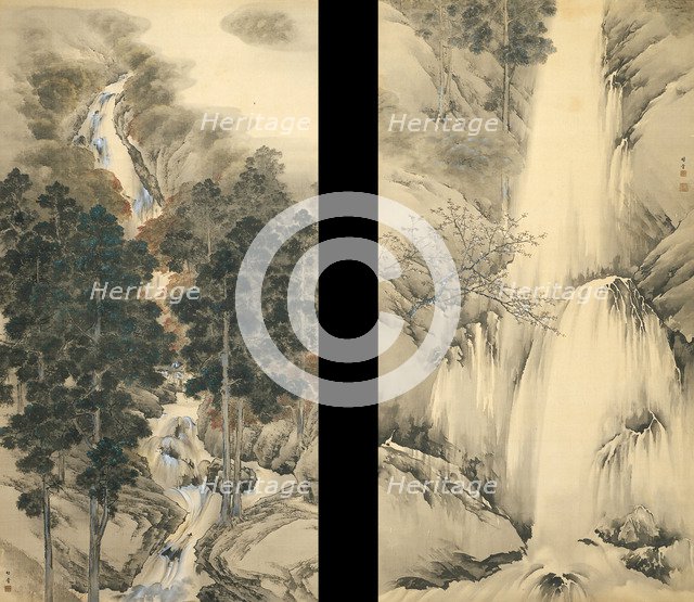 Waterfall in Spring and Autumn (Set of two hanging scrolls), 1893. Artist: Chikudo, Kishi (1826-1897)