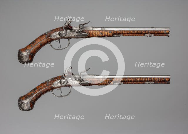 Pair of Flintlock Pistols Made for Christian Ernst, Franco-German, Erlangen-Neustadt, ca. 1686-90. Creators: Charles Froment, M Breat.