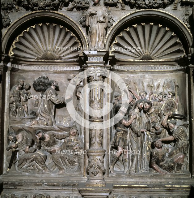 Detail of the base of the altarpiece in the main altar of the cathedral of Barbastro, with scenes…
