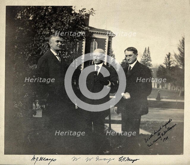 William Worrall Mayo with his sons William James Mayo (left) and Charles Horace Mayo (right), 1909. Creator: Unknown.