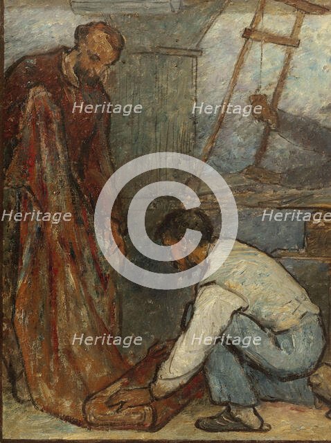 Benvenuto Cellini, 16th century artist, admiring products of modern art: Fabrics: Sketch..., 1880. Creator: Edmond Eugene Valton.