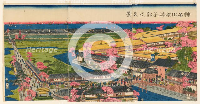 Panoramic View of the Pleasure Quarters in Yokohama, Kanagawa (Kanagawa Yokohama..., 1860. Creator: Sadahide Utagawa.