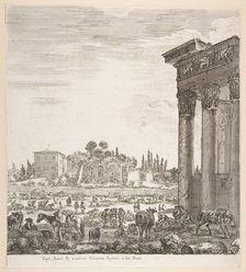 The columns of the Temple of Antoninus to right, a part of the Campo Vaccino in center and..., 1656. Creator: Stefano della Bella.