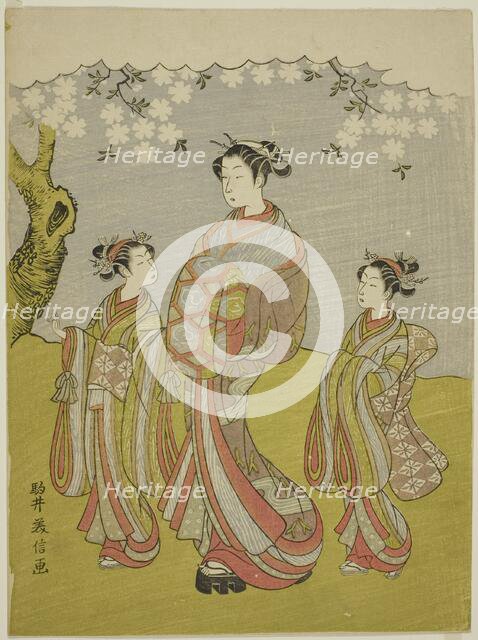 Courtesan and Attendants Parading under Cherry Tree, Japan, c. 1771. Creator: Komai Yoshinobu.