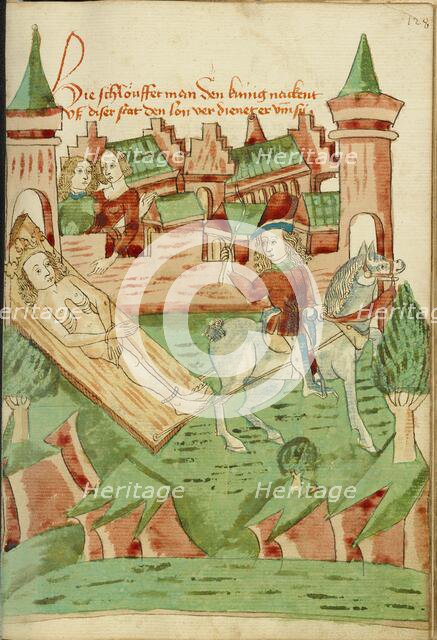 A Naked King, tied to a board, is dragged from the city; Barlaam und Josaphat, 1469. Creators: Hans Schilling, Diebolt Lauber.