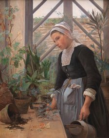 Breton Girl Looking After Plants in the Hothouse, 1884. Creator: Anna Petersen.