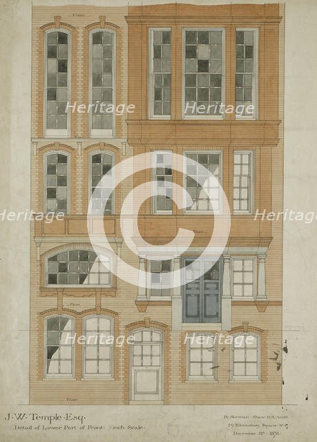 Design for Nos 9-11 Chelsea Embankment, London SW3: detail of lower part of front...1878. Creator: Richard Norman Shaw.