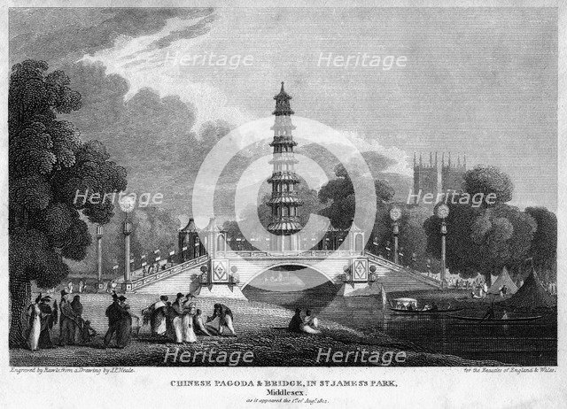 Chinese pagoda and bridge, St James's Park, Westminster, London, 1814.Artist: Rawle