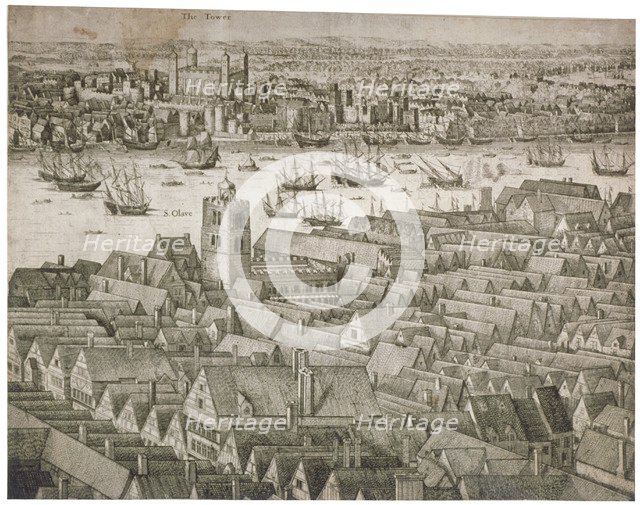 View of the Tower of London from the south with boats on the River Thames, 1647. Artist: Anon