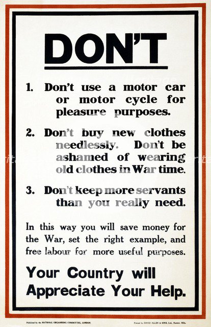 WW1 Poster appealing to the public to support the war effort by being frugal, 1917.