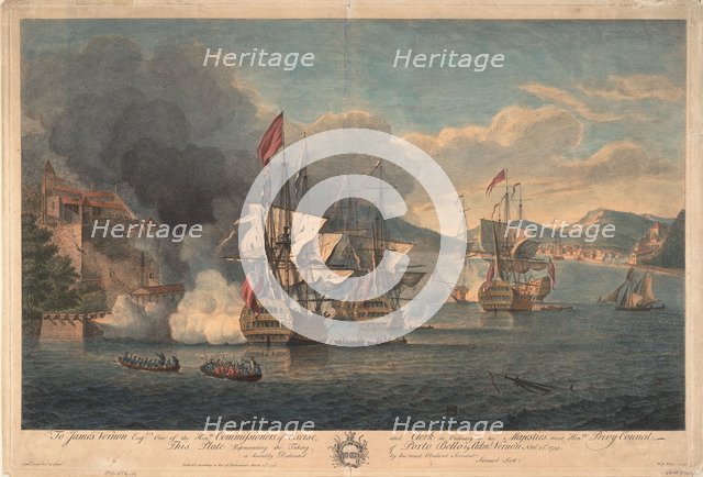 Capture of Porto Bello by Admiral Edward Vernon on 22 November 1739. Artist: Scott, Samuel (1702-1772)