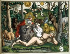 Engraving of 'Historiae Animalium' year 1551 with Adam and Eve in Paradise.