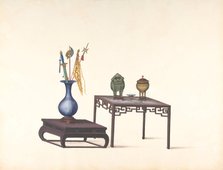 Two Tables, One Low with Large Vase and Objects, One Higher with Covered Pot..., 19th century. Creator: Anon.